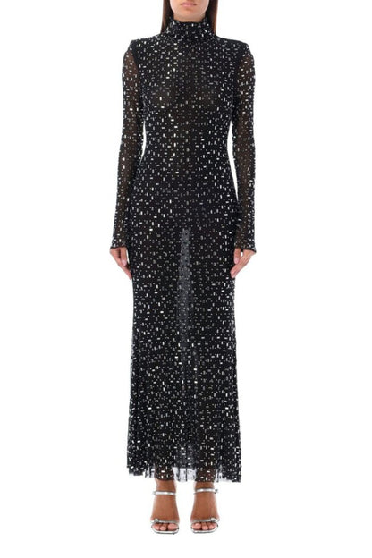 crystal Embellished Mesh Midi Dress in black