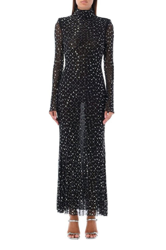 crystal Embellished Mesh Midi Dress in black