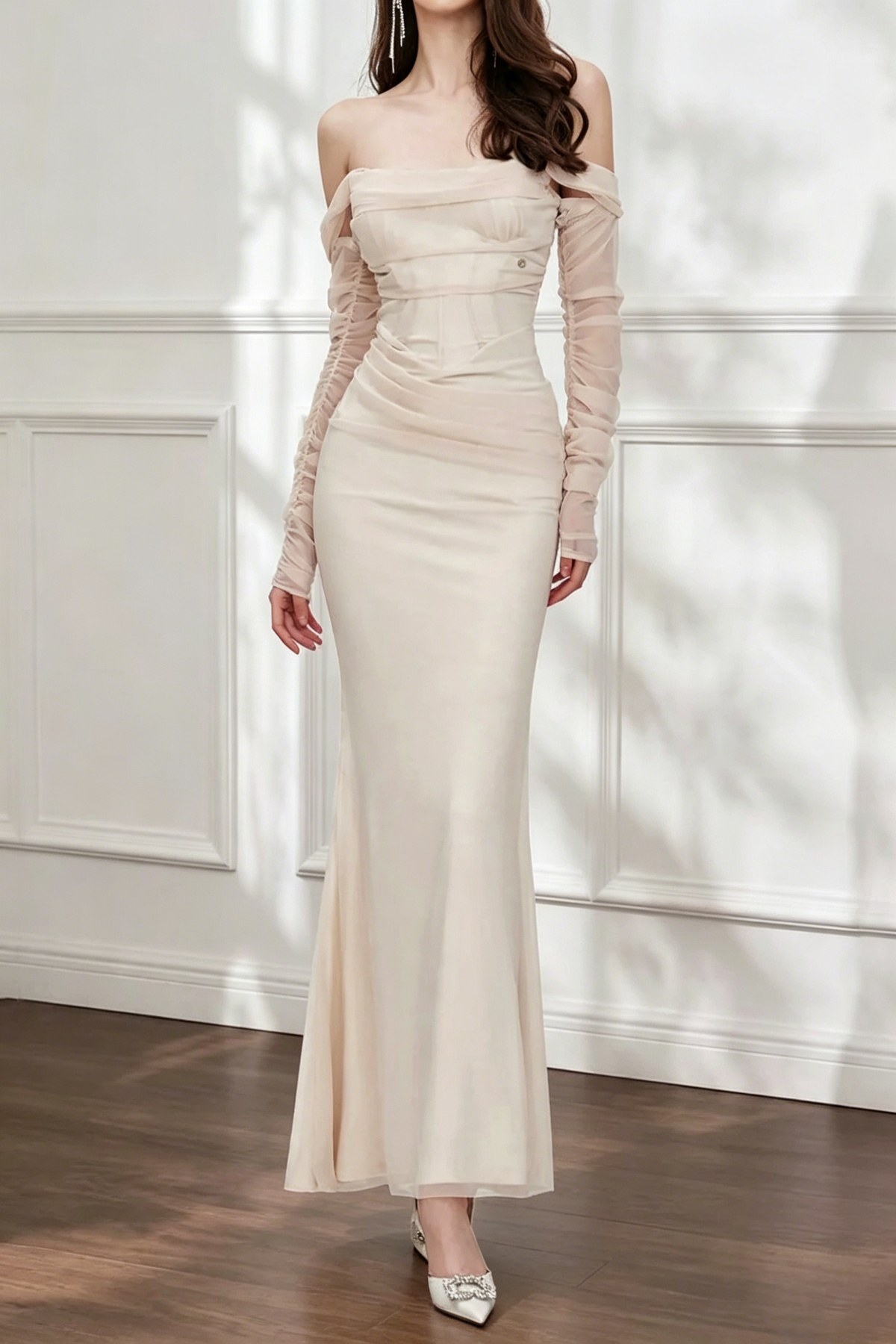 Ariel apricot Mesh Off-Shoulder Mermaid maxi Dress
