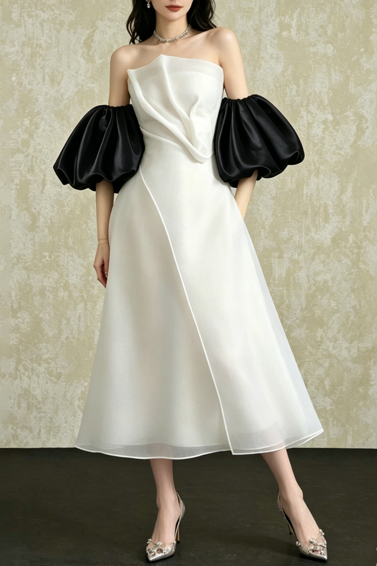Strapless Layered Organza Midi Dress In White With Giant Puff Bubble Sleeves