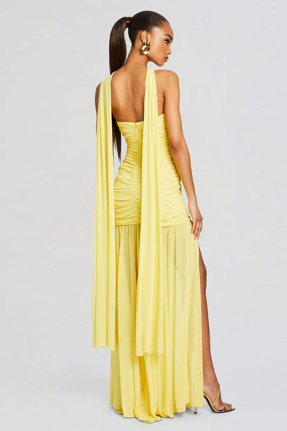 Sleeveless drape maxi dresses in yellow