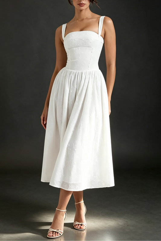 White Cotton-Blend Eyelet A-Line Midi Dress