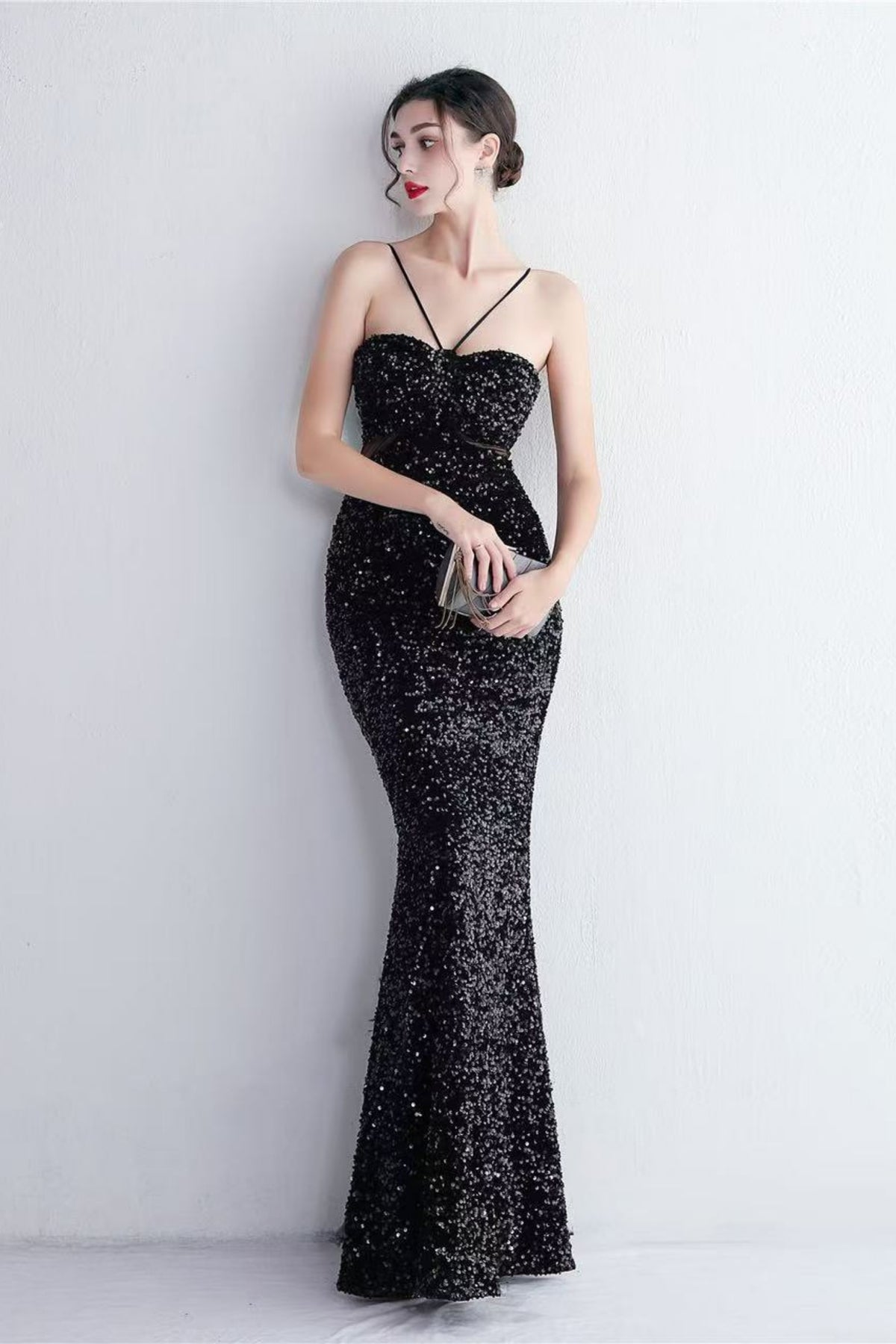 MARIAN BLACK CUTOUT SEQUINS HALTER MAXI DRESS