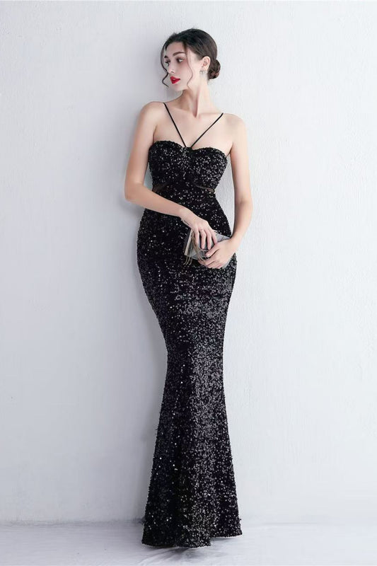 MARIAN BLACK CUTOUT SEQUINS HALTER MAXI DRESS