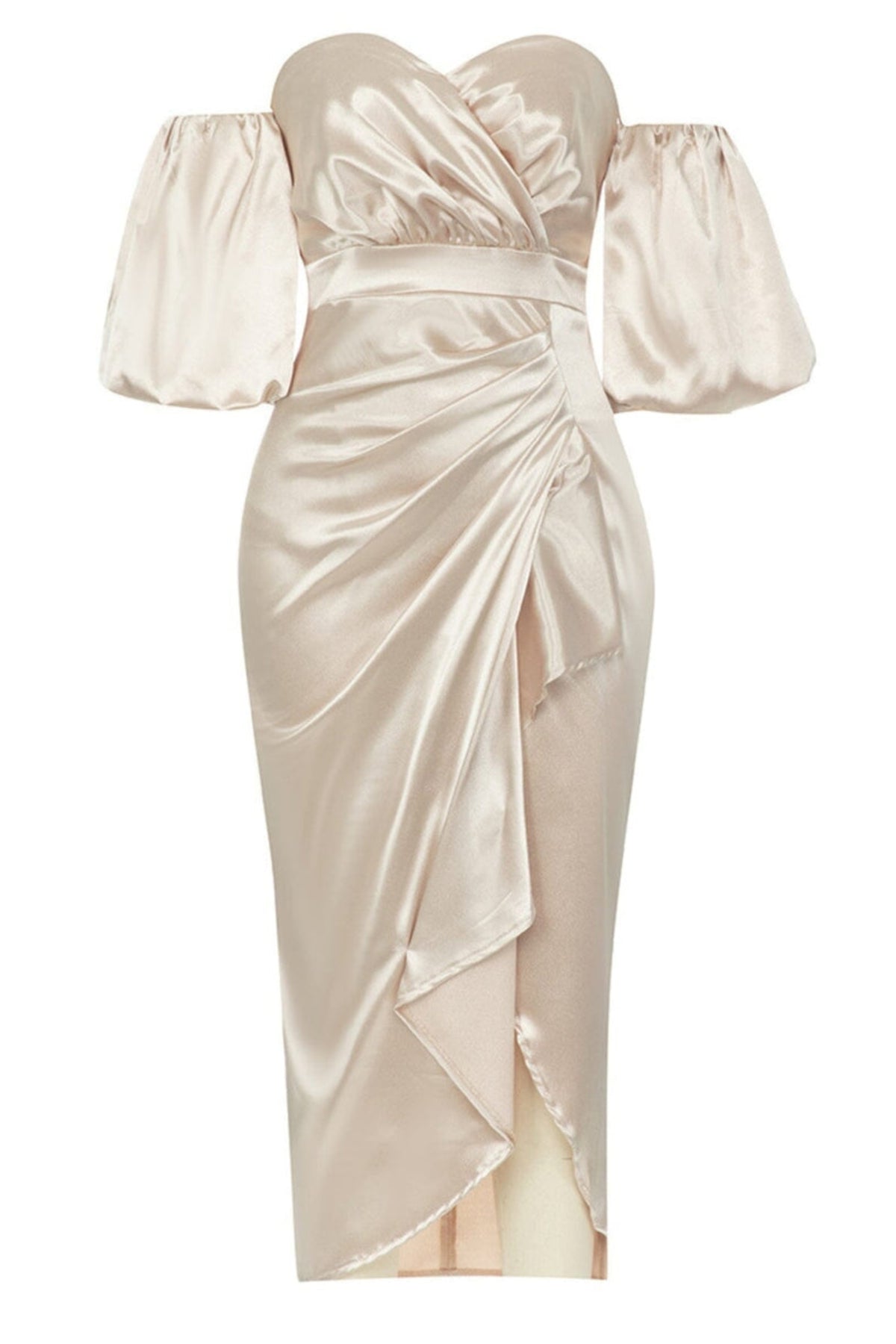 OFF SHOULDER RUCHED ASYMMETRICAL MIDI DRESS IN GRAY