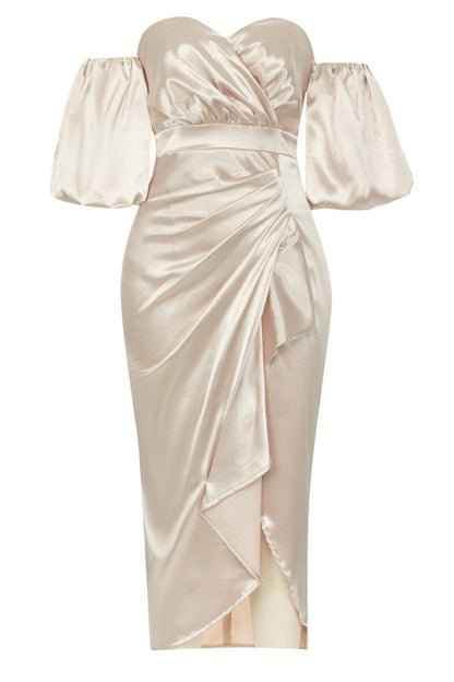 OFF SHOULDER RUCHED ASYMMETRICAL MIDI DRESS IN GRAY