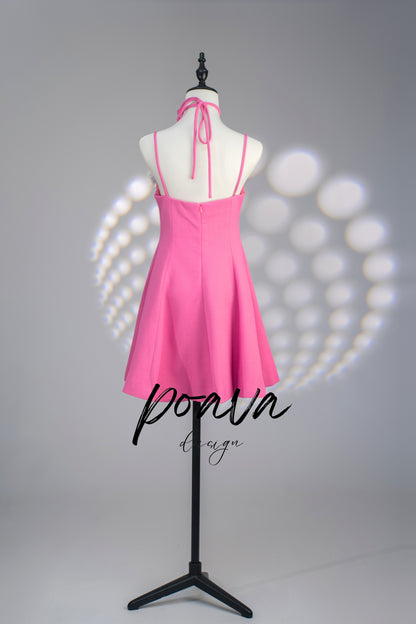 STRAP MINI DRESS WITH ROSE IN HOT PINK