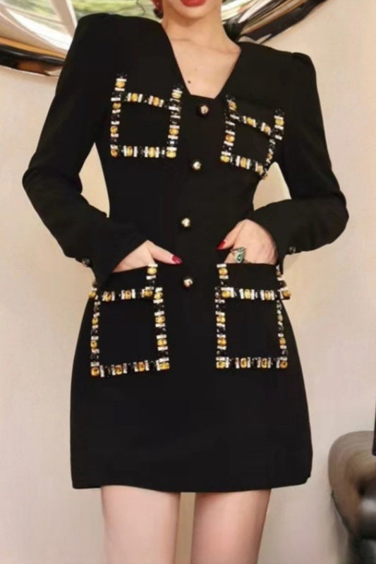Crystal embellished mini dress in black