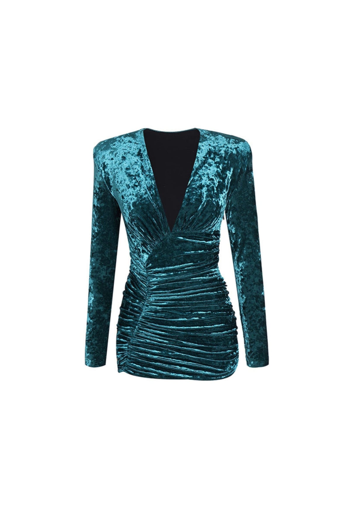 GREEN V NECK RUCHED VELVET MINI DRESS