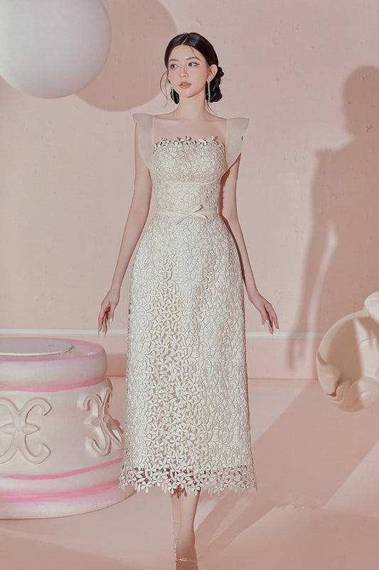 RUFFLE LACE MIDI DRESS IN WHITE