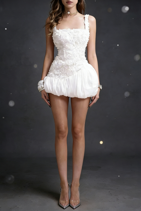 jocelyn flower embellished puffy mini dress in white
