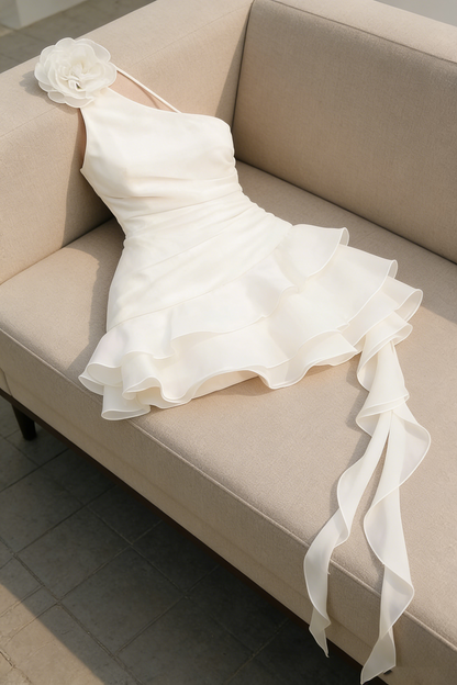 Flower one shoulder ruffle mini dress in white