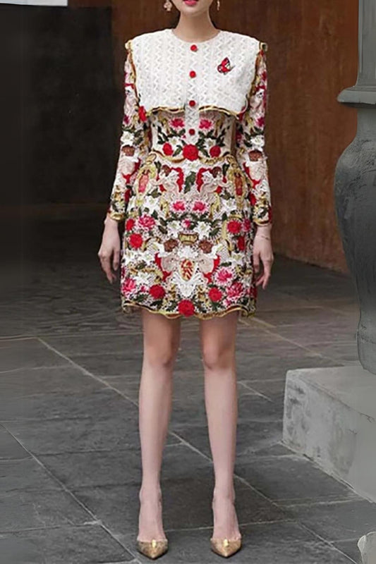FLOWER EMBROIDERY THREADWORK MINI DRESS IN RED