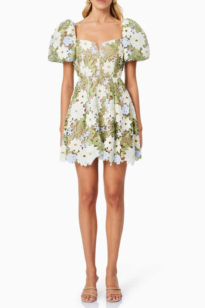 rebecca Flora Lace Mini Dress in Green