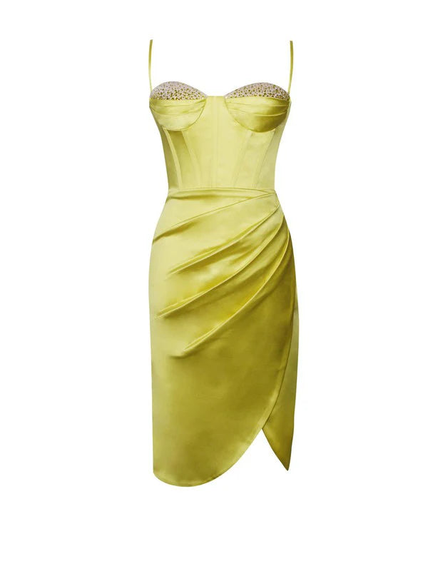 Lemon yellow pleated satin mini Dress