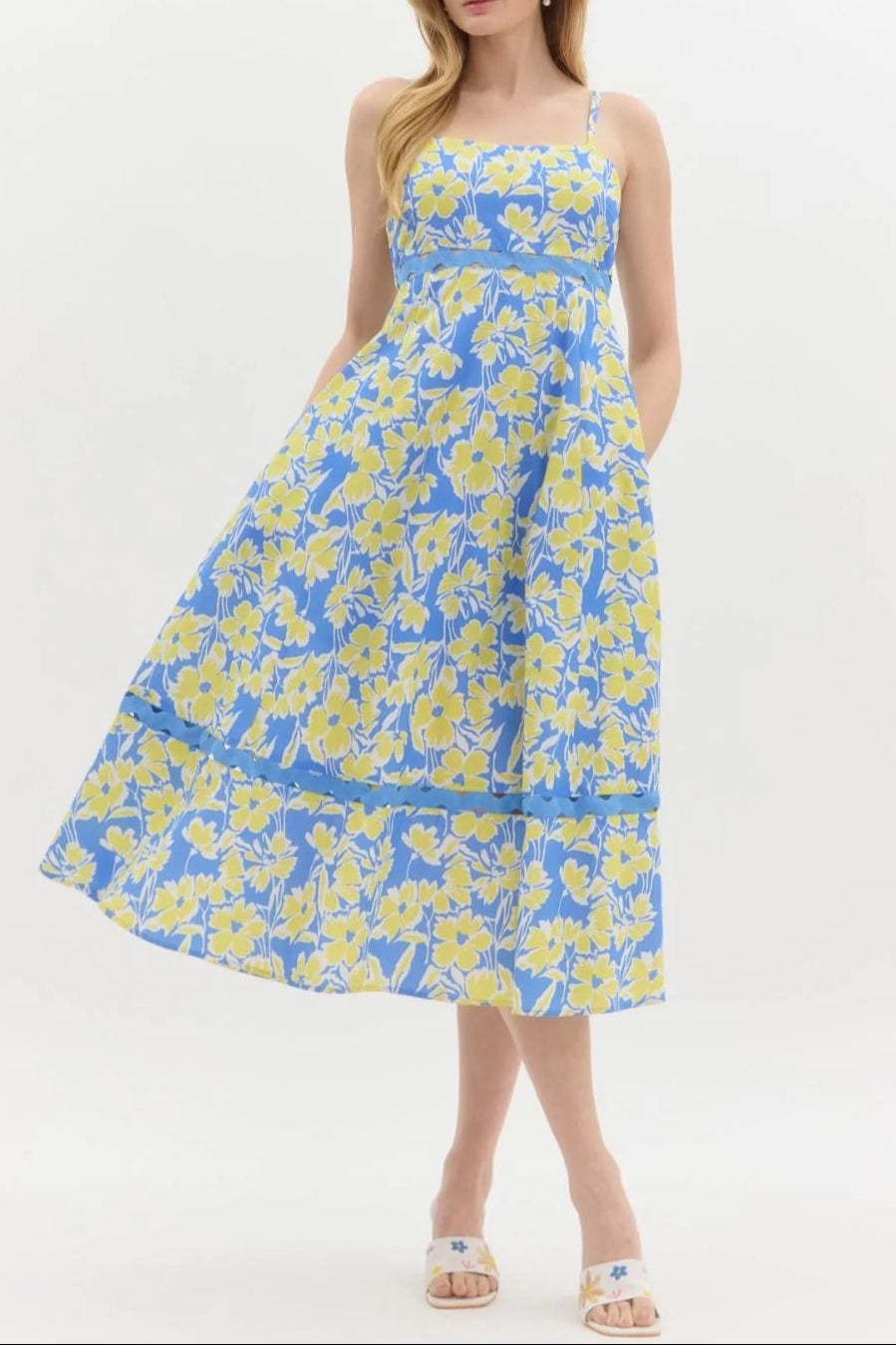wallis floral print hollow midi dress in blue