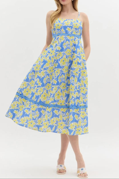 wallis floral print hollow midi dress in blue