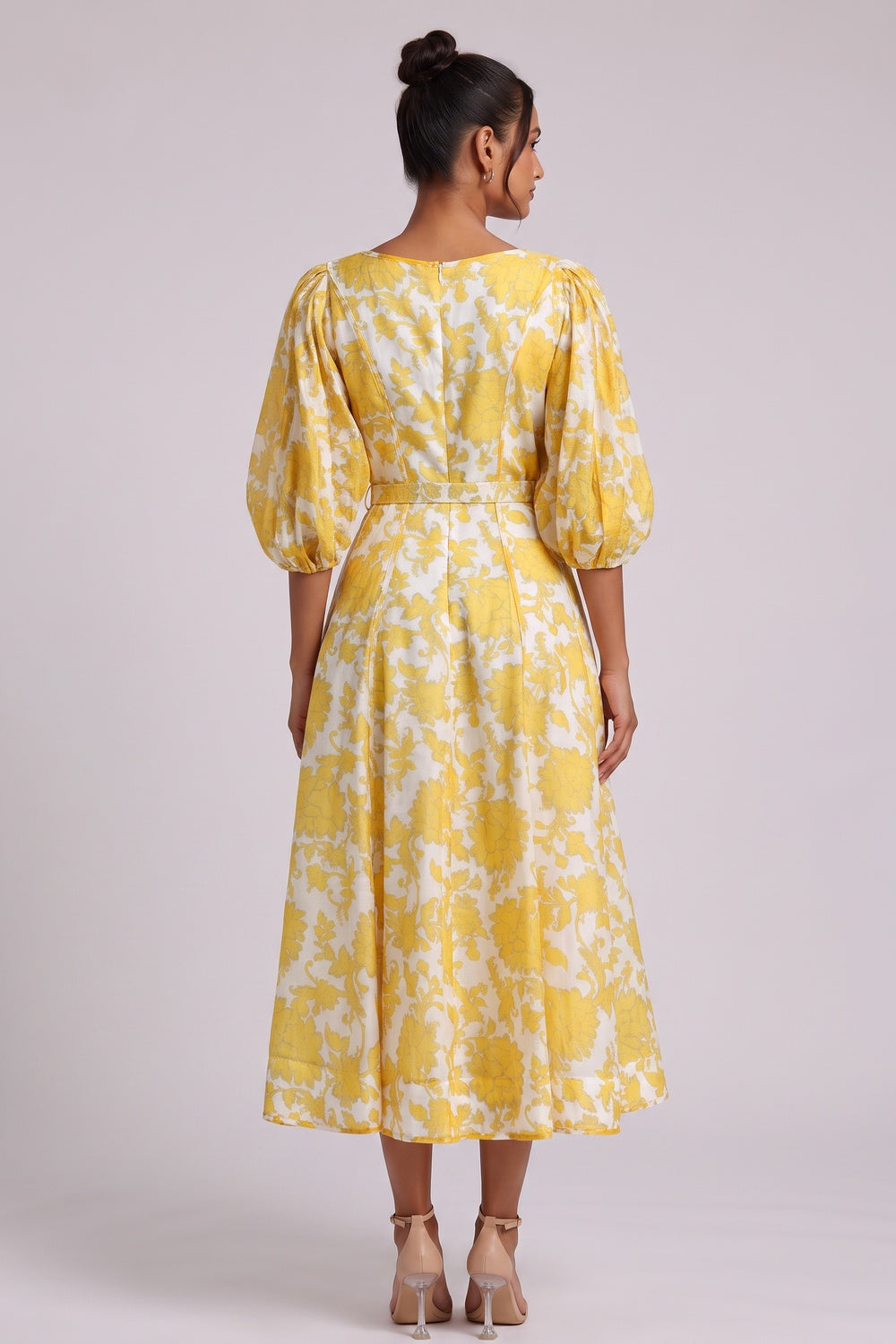 Yellow Floral Midi Dress with Belt Premium Fabric - product view 5