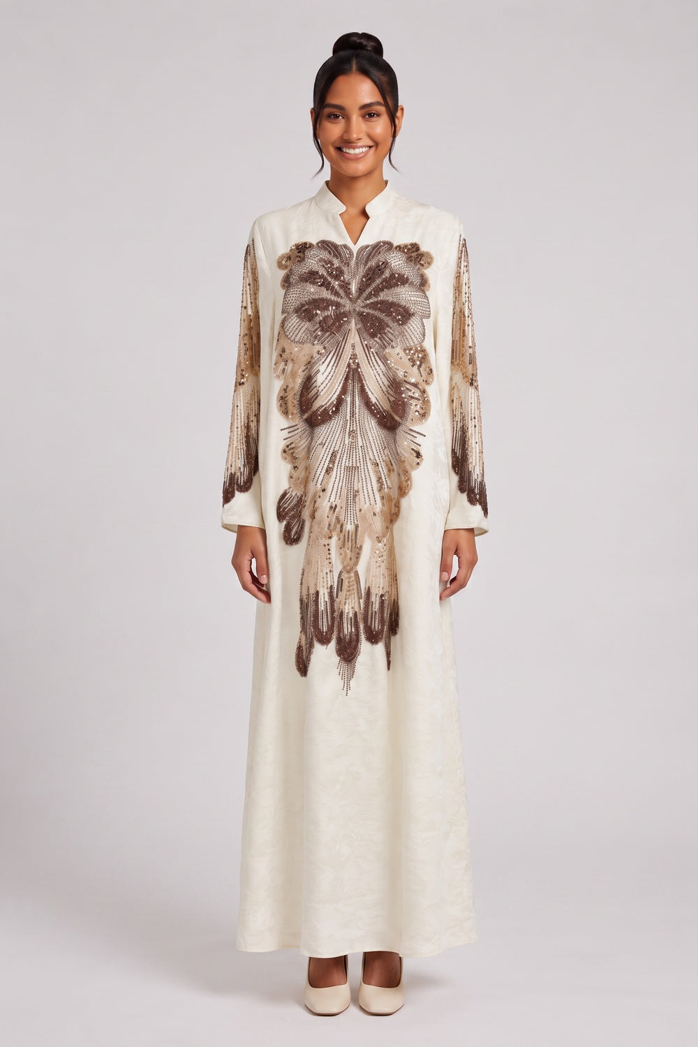 Cream Textured crepe or raw silk A-line Kaftan dress Cream Textured crepe or raw silk Kaftan dress - product view 1