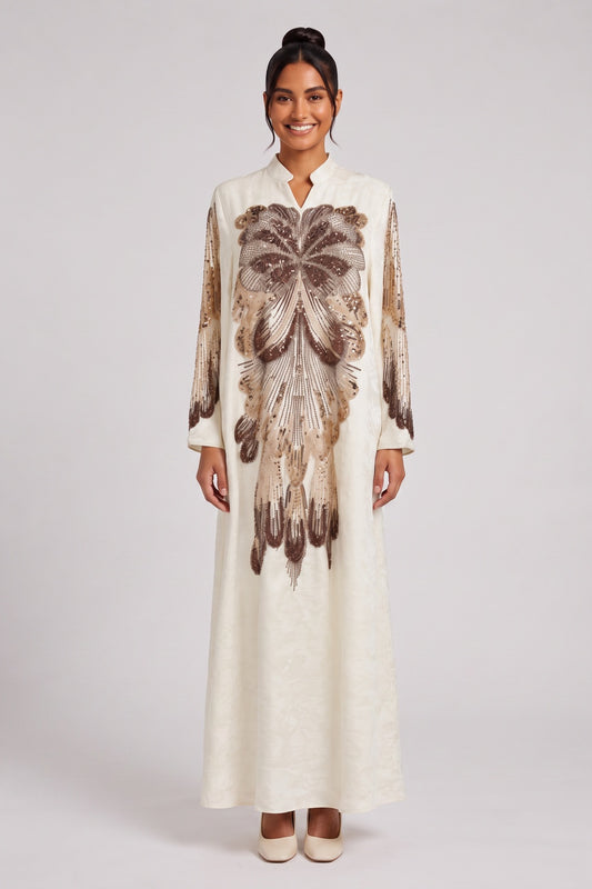 Cream Textured crepe or raw silk A-line Kaftan dress Cream Textured crepe or raw silk Kaftan dress - product view 1