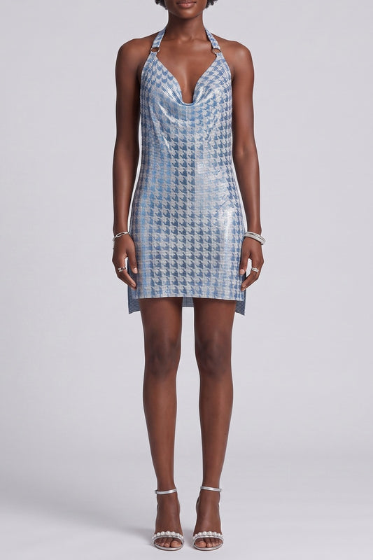 Halter Cowl Neck Houndstooth Glitter Slit Mini Dress