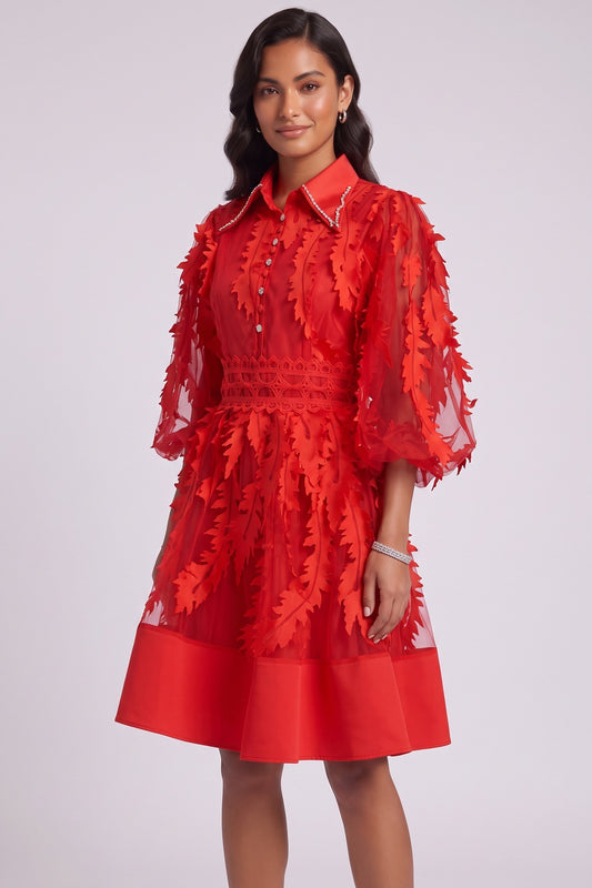 Red Sheer Organza 3D Appliqué Fit-and-Flare Dress red sheer organza with 3D fabric appliqués dress - product view 2