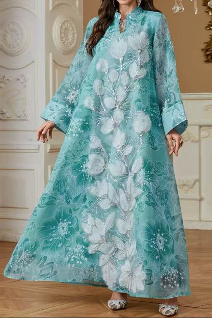 Floral Embroidered Abaya-Style Maxi Dress
