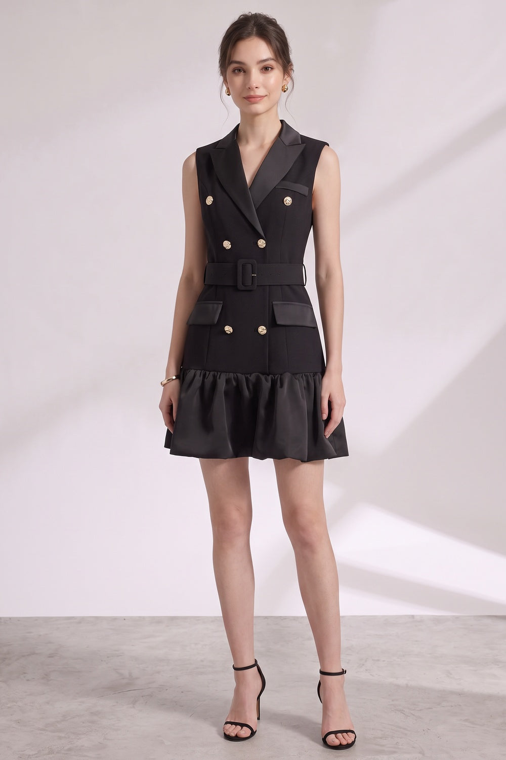 Black Matte Suiting Crepe Tailored Bodice with Flared Ruffled Hem Blazer Dress black matte suiting crepe blazer dress - product view 4
