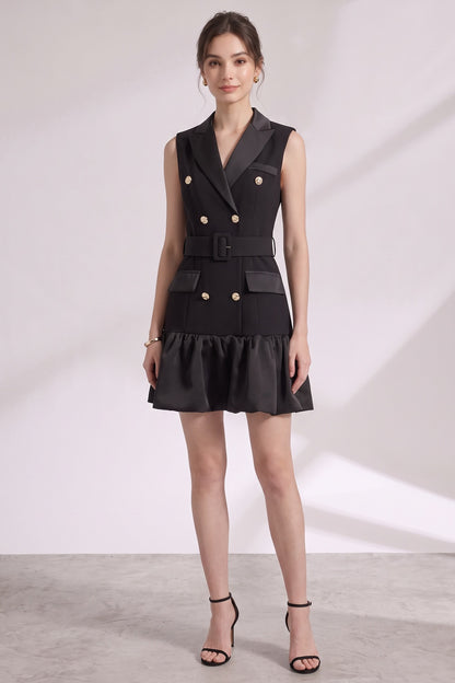 Black Matte Suiting Crepe Tailored Bodice with Flared Ruffled Hem Blazer Dress black matte suiting crepe blazer dress - product view 4