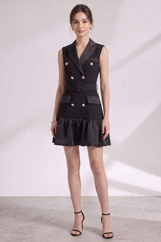 Black Matte Suiting Crepe Tailored Bodice with Flared Ruffled Hem Blazer Dress black matte suiting crepe blazer dress - product view 4