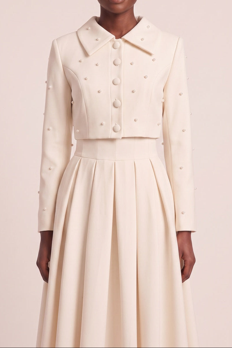 Pearl Embellished Collar Crop Blazer &amp; High Waist Pleated Midi Skirt Two Piece Set