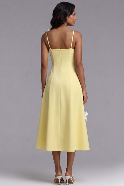 Pastel Yellow Structured Crepe A-Line Midi Dress with 3D Floral Appliqués pastel yellow structured crepe dress - product view 5