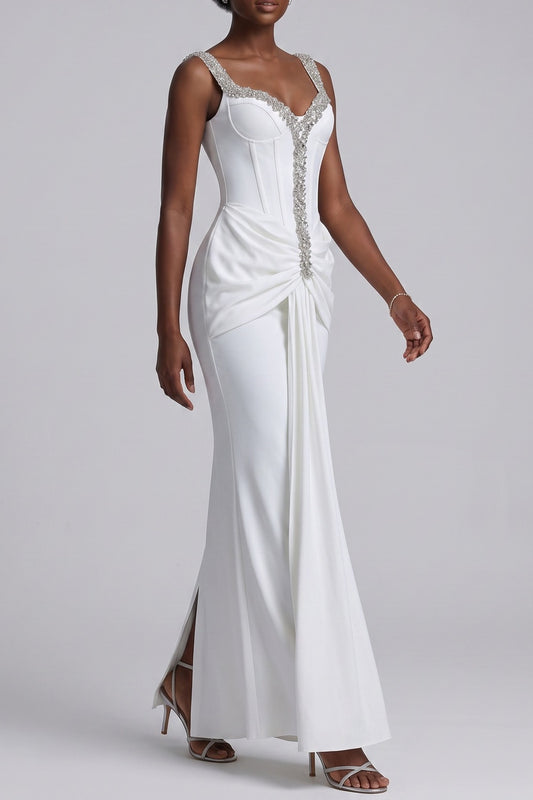 Rhinestone Trim Corset Draped Mermaid Maxi Dress