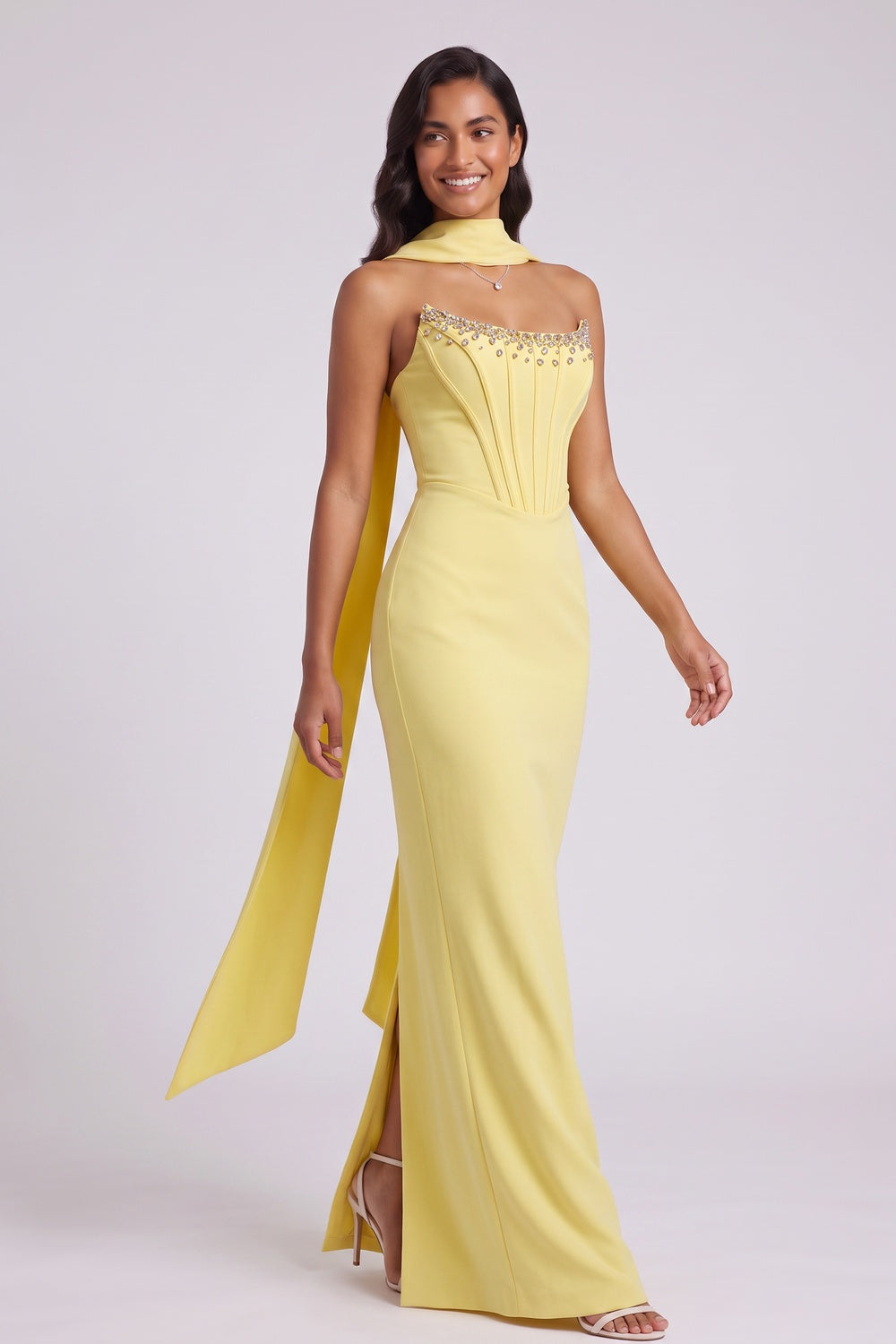 Yellow Halter Maxi Dress with Open Back and Bow Detail Premium Fabric - product view 3