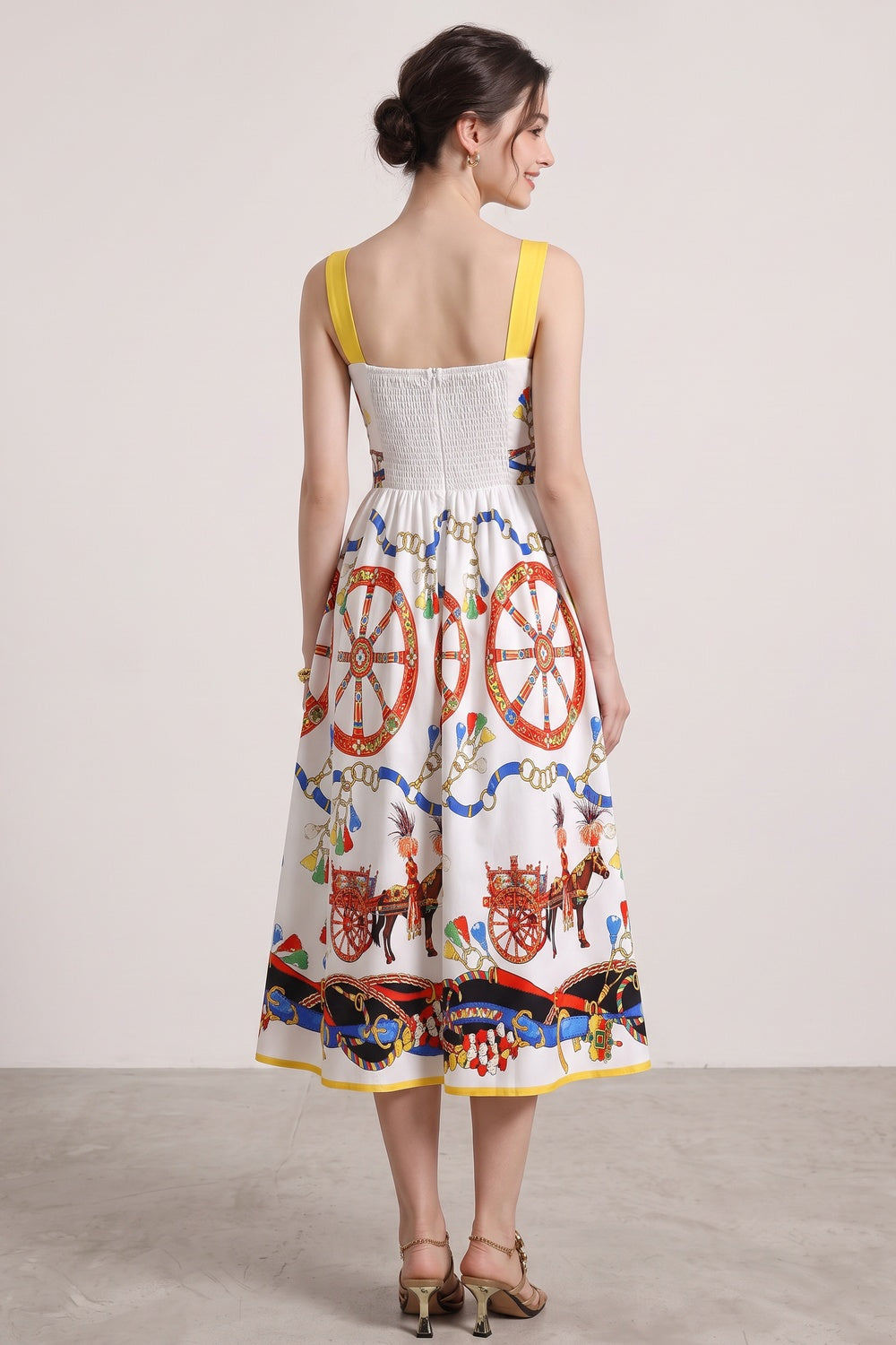 White Cotton Poplin Fit-and-Flare Midi Dress with Sicilian Carretto Print white cotton poplin midi dress - product view 5