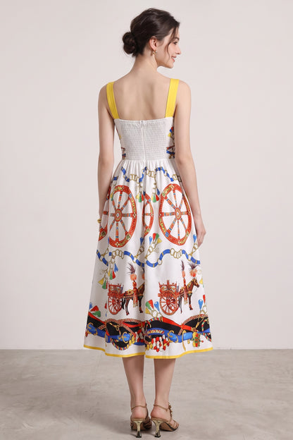 White Cotton Poplin Fit-and-Flare Midi Dress with Sicilian Carretto Print white cotton poplin midi dress - product view 5