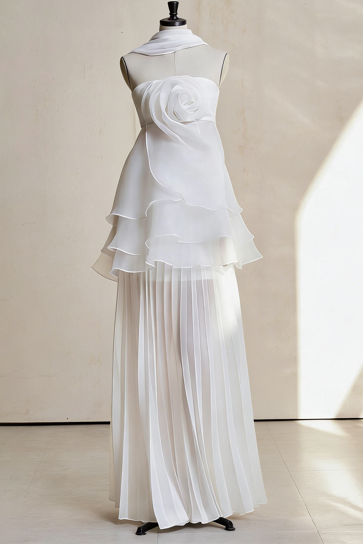 White Strapless Rose Applique Tiered Pleated Maxi Dress