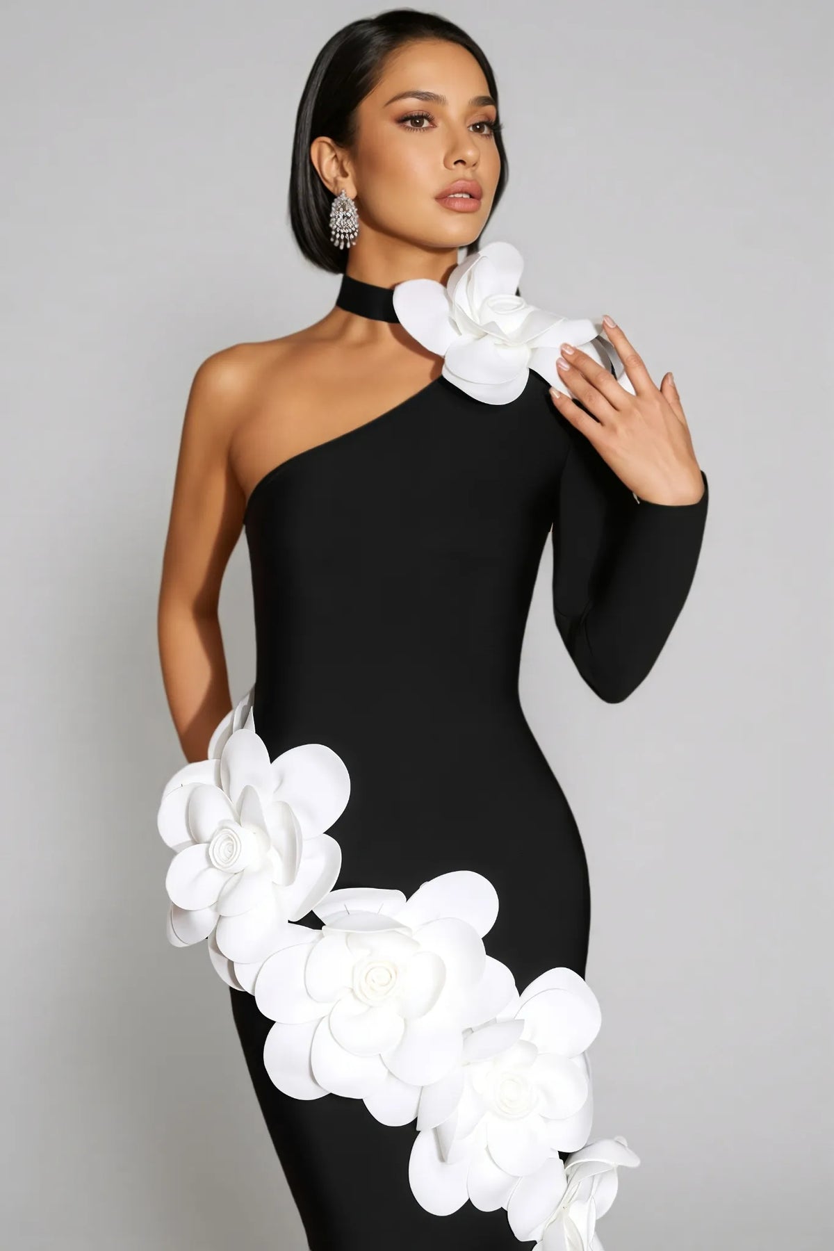 gemma One Shoulder 3D Flower Bandage Maxi Dress in black