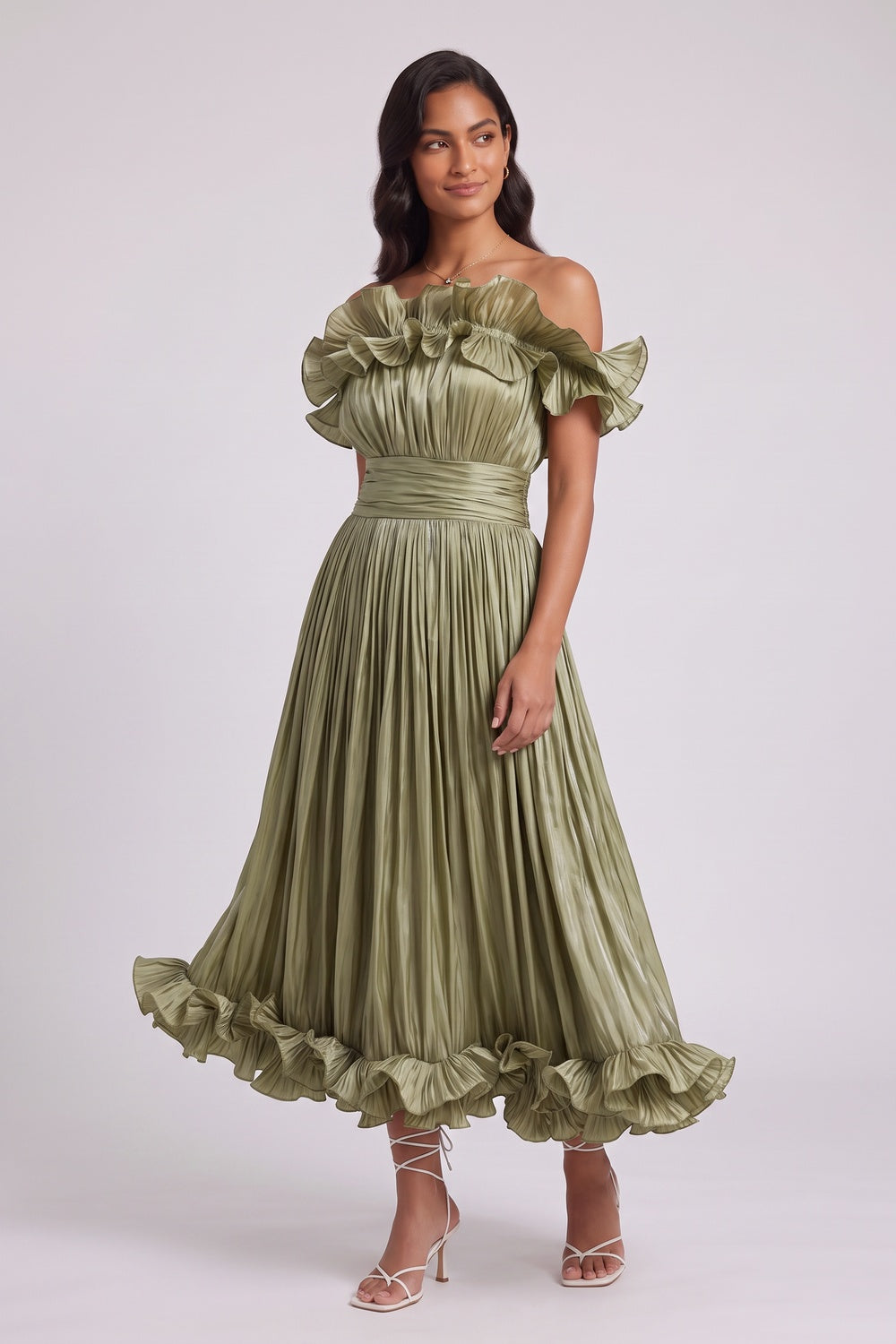 olive green pleated satin or taffeta fit-and-flare, off-the-shoulder midi dress olive green pleated satin or taffeta midi dress - product view 4