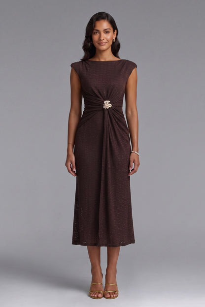 Dark Brown Textured Knit Fitted Sheath Dress with Brooch dark brown textured knit dress - product view 1