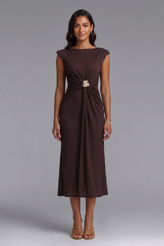 Dark Brown Textured Knit Fitted Sheath Dress with Brooch dark brown textured knit dress - product view 1