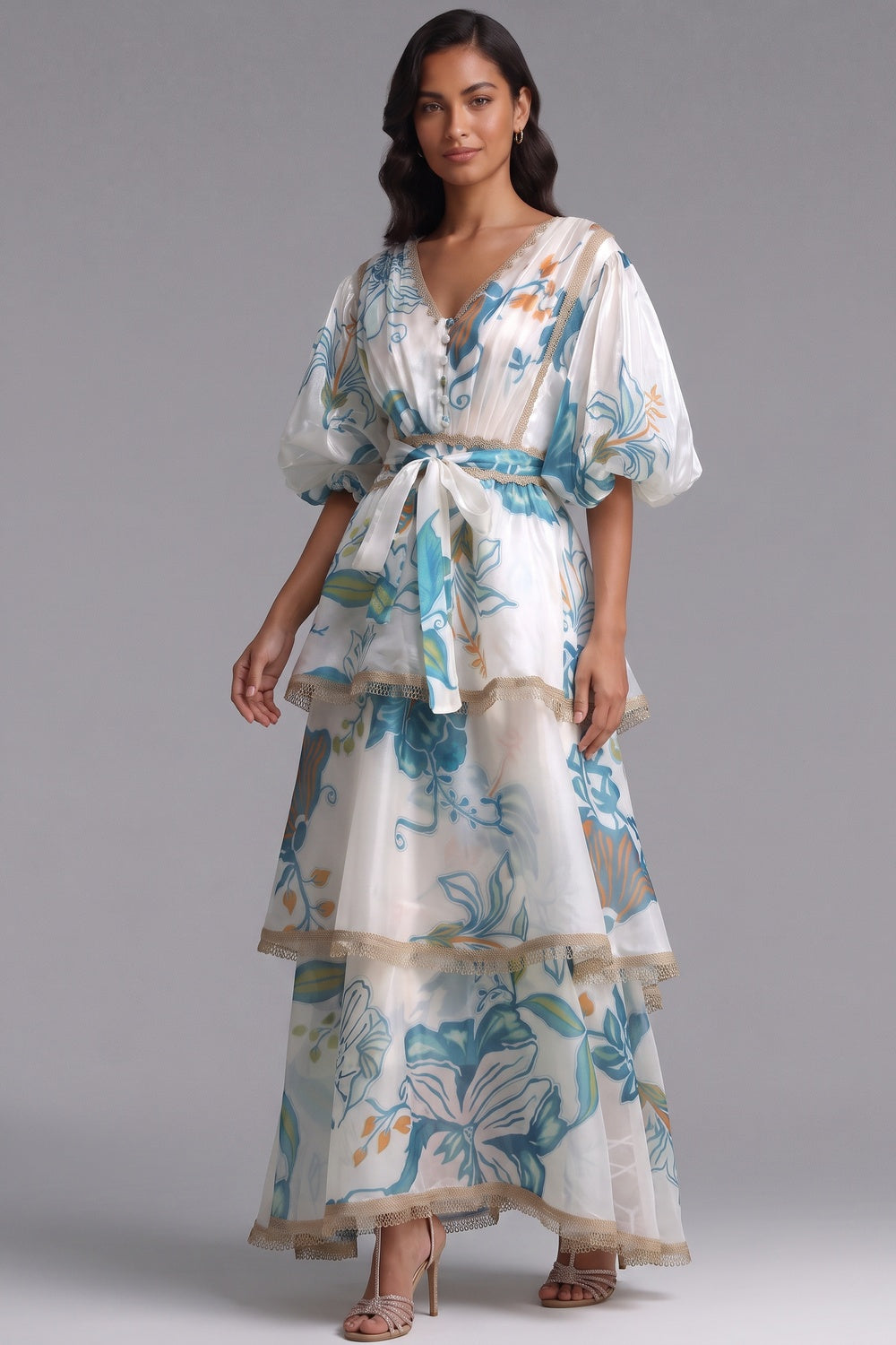 White Semi-Sheer Organza or Lightweight Silk A-Line Tiered Maxi Dress white, off-white semi-sheer organza or lightweight silk tiered maxi dress - product view 3