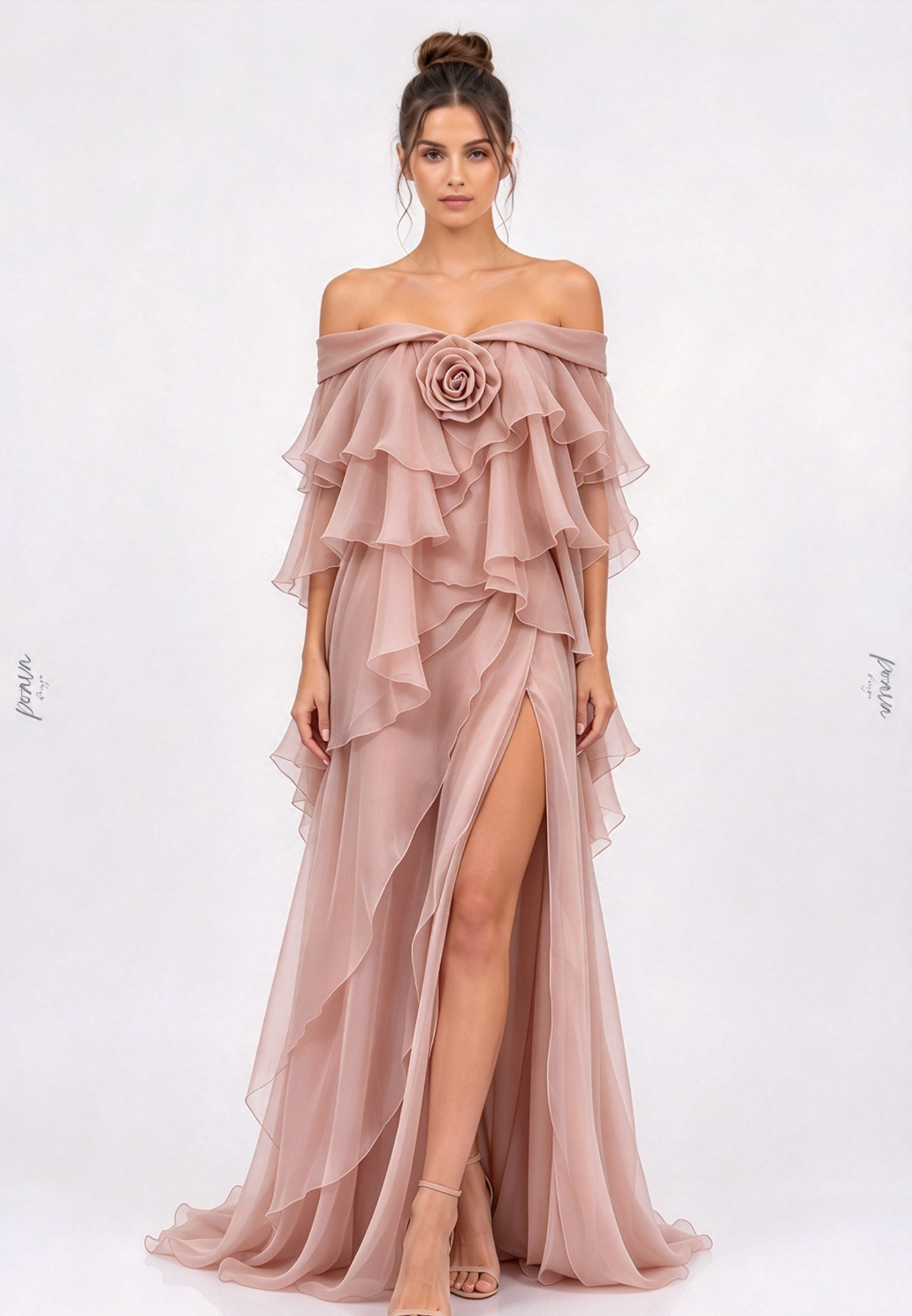 Dusty Pink Chiffon Flowing A-Line Gown with High Slit