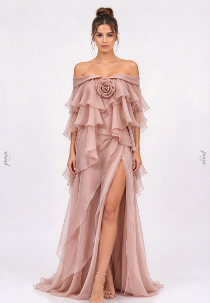 Dusty Pink Chiffon Flowing A-Line Gown with High Slit
