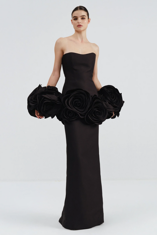 black strapless maxi dress with flower embellishments