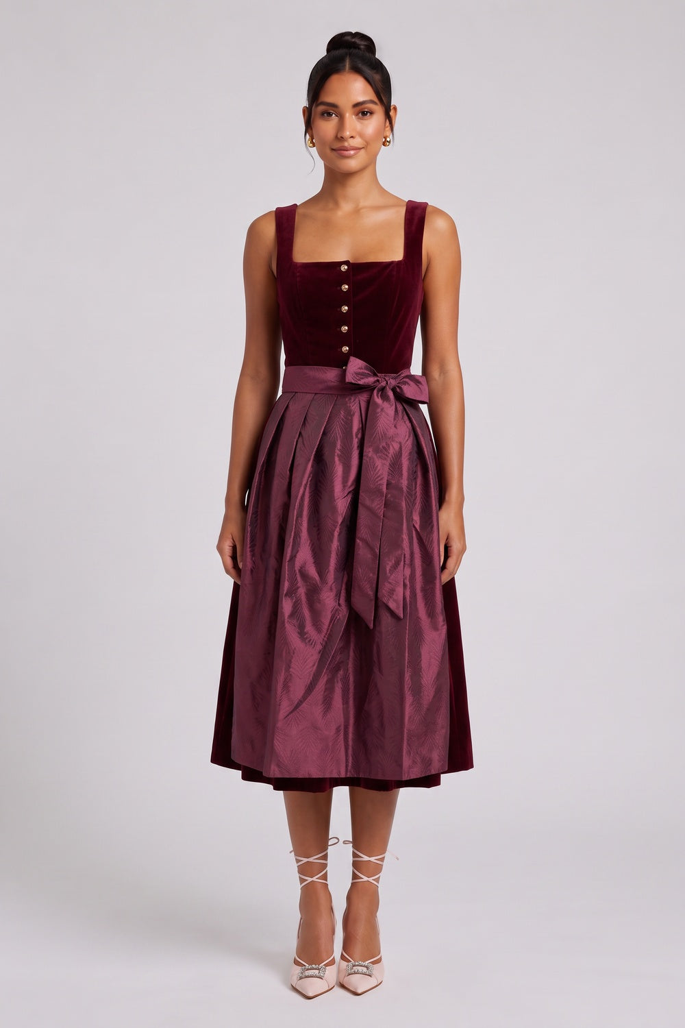 Burgundy Velvet A-line Dirndl dress with apron Burgundy Velvet Dirndl dress with apron - product view 1