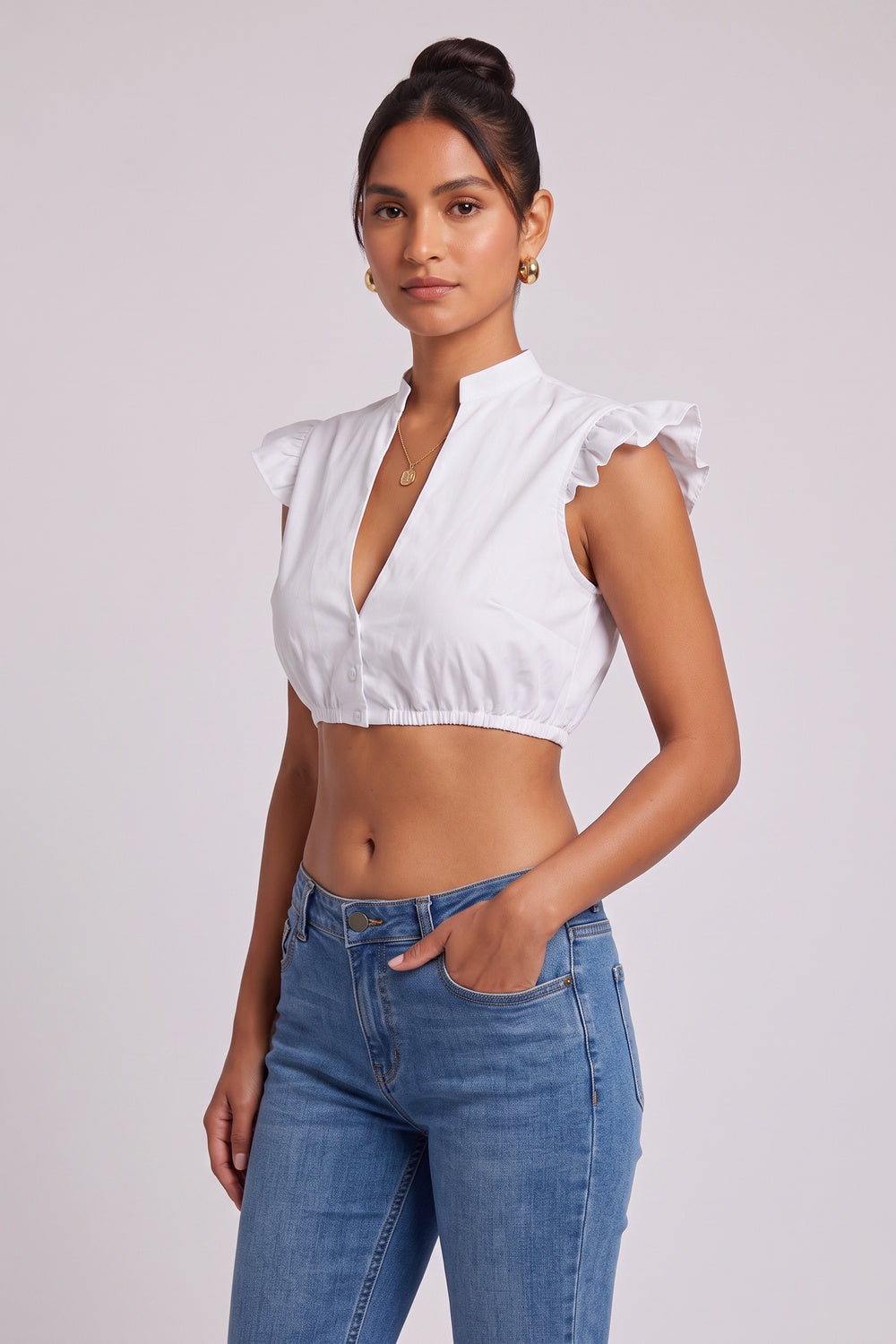 White Cotton Poplin Fitted Crop Top Blouse white cotton poplin cropped blouse - product view 2