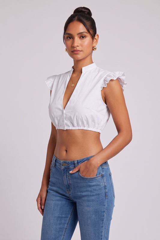 White Cotton Poplin Fitted Crop Top Blouse white cotton poplin cropped blouse - product view 2