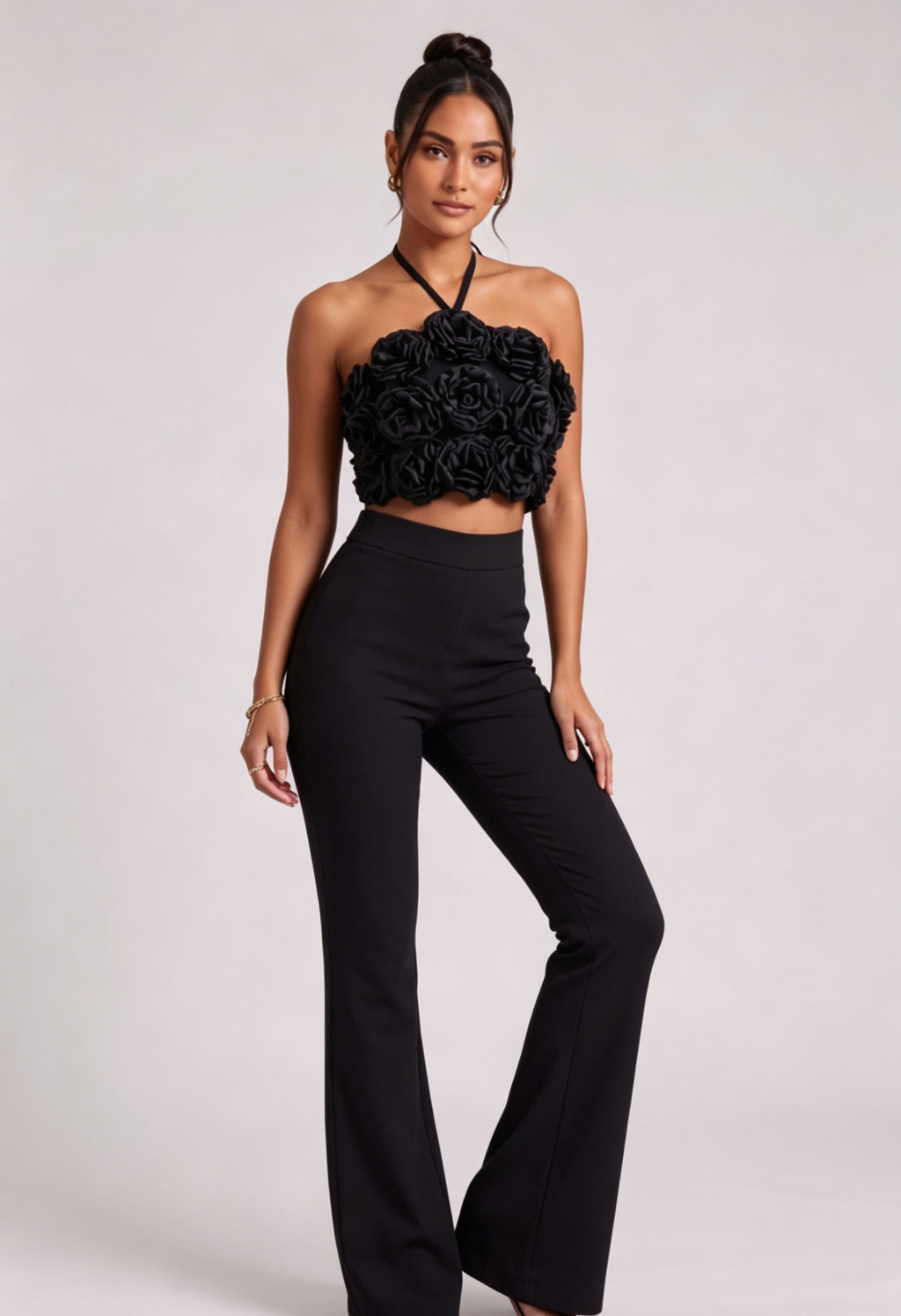Black Stretch Crepe Two-Piece Set with 3D Rosette Halter Top and High-Waisted Flared Trousers