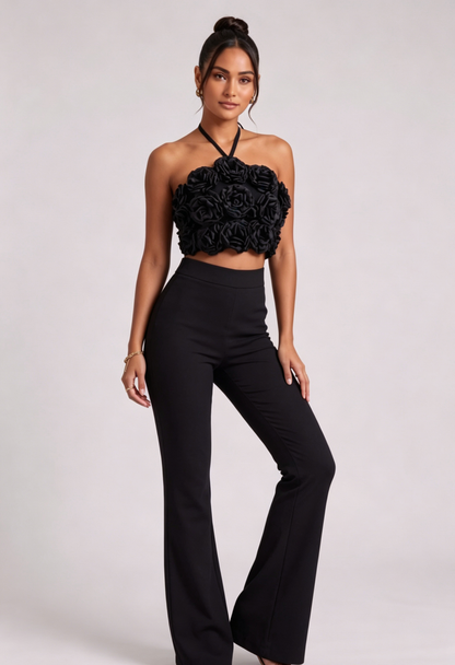 Black Stretch Crepe Two-Piece Set with 3D Rosette Halter Top and High-Waisted Flared Trousers